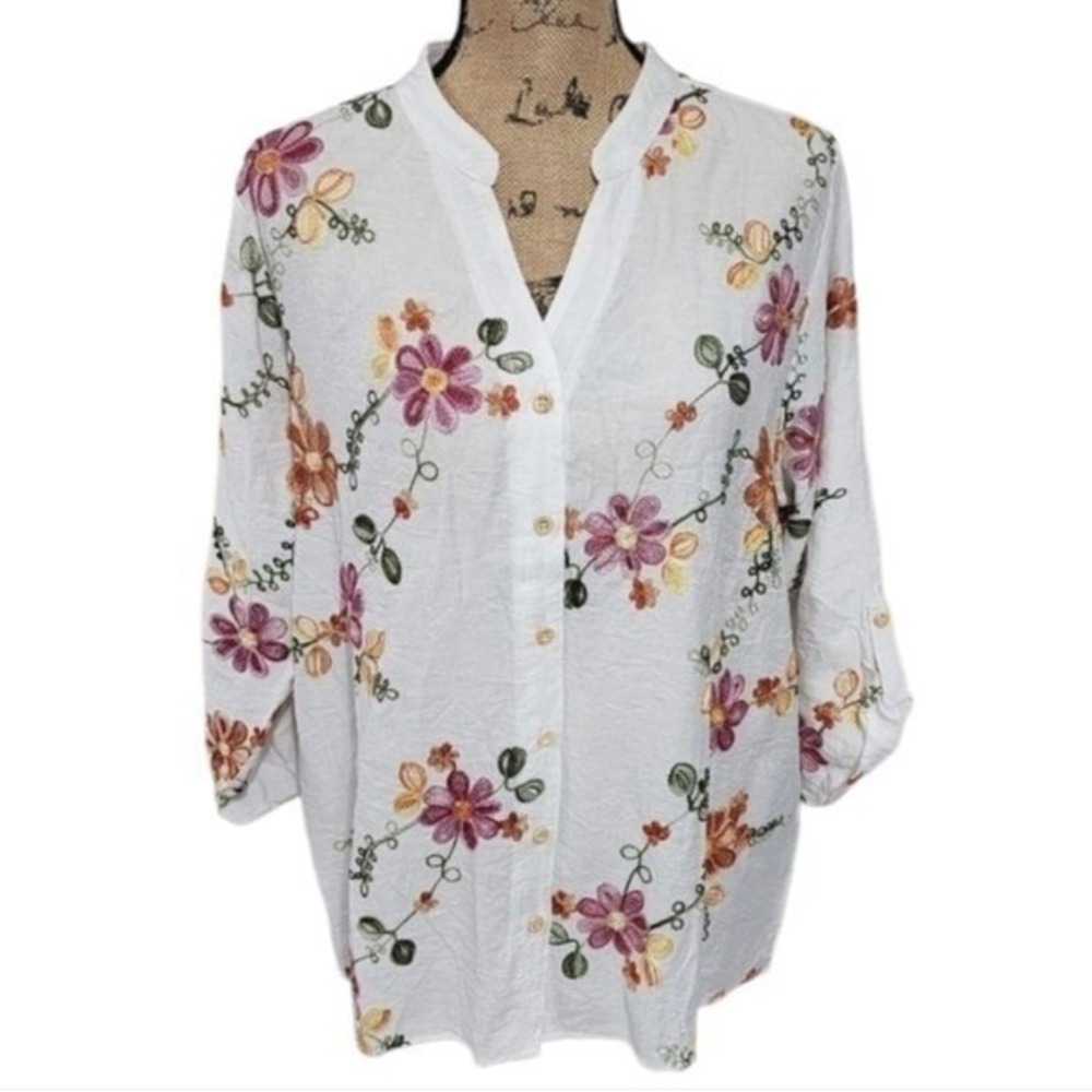 Anthropologie x Kindred orange pink & white embroidered floral boho blouse Plus